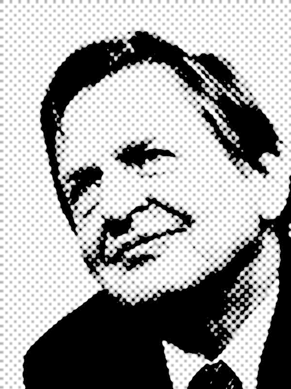 Rastrerat svartvitt porträtt av Olof Palme, som representerar AI-ekot Olof Palme.
